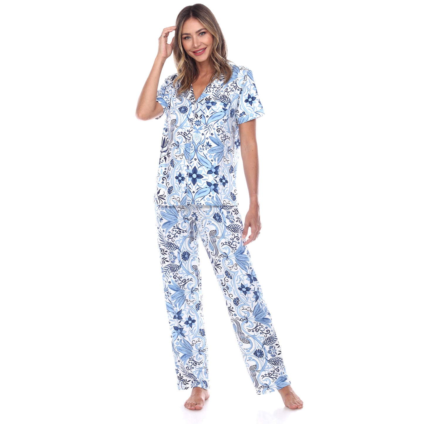 White Mark Women's Short Sleeve & Pants Tropical Pajama Set
