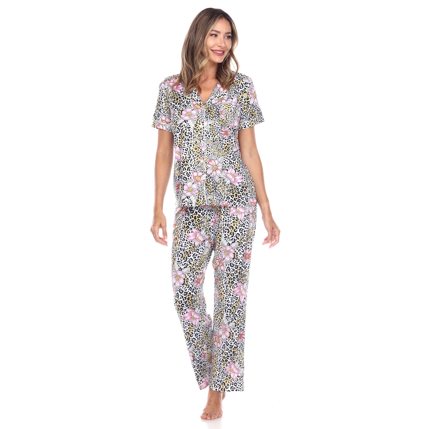 White Mark Women's Short Sleeve & Pants Tropical Pajama Set