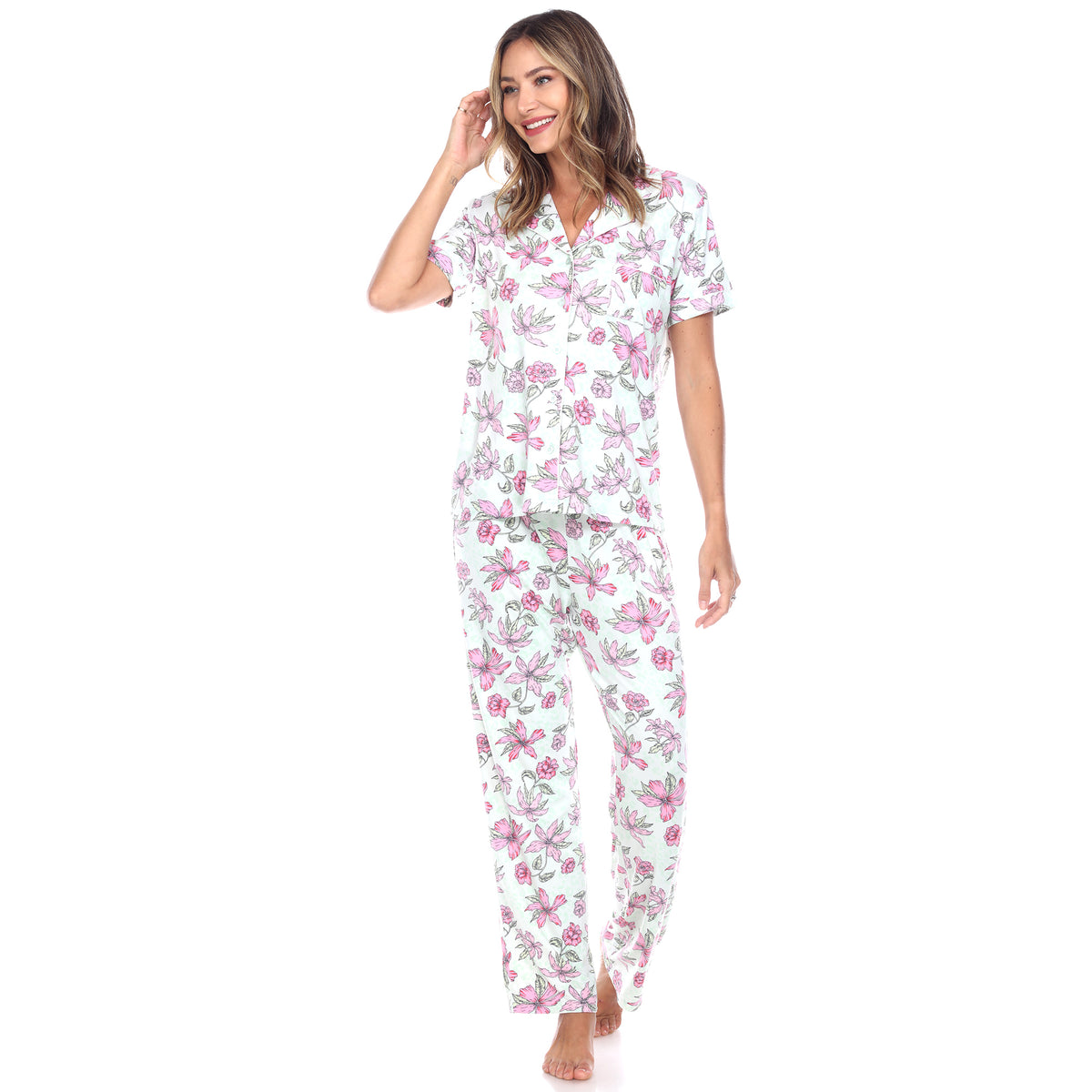 White Mark Women's Short Sleeve & Pants Tropical Pajama Set
