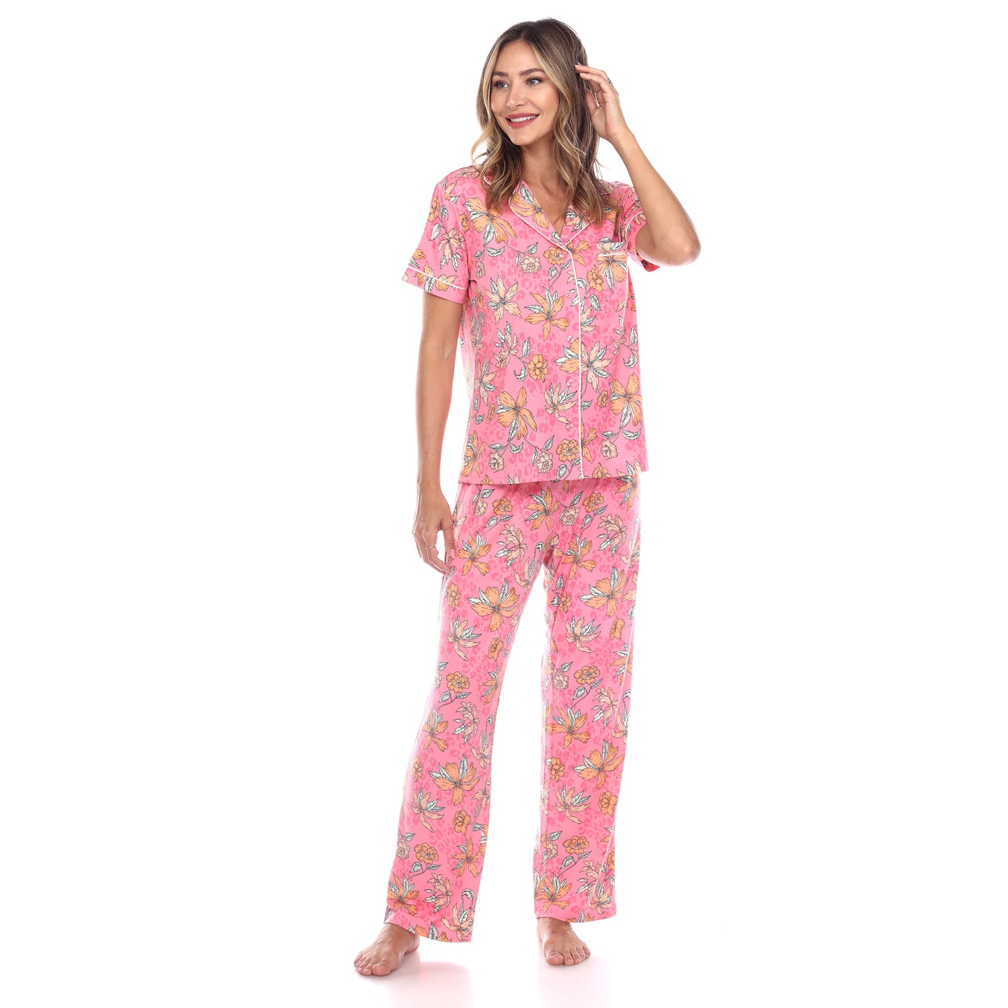 White Mark Women's Short Sleeve & Pants Tropical Pajama Set