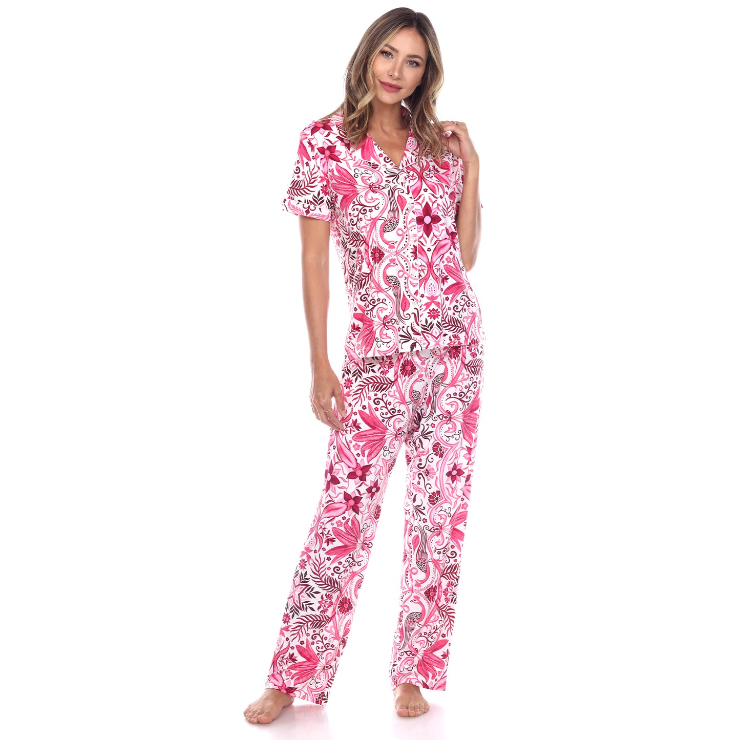 White Mark Women's Short Sleeve & Pants Tropical Pajama Set