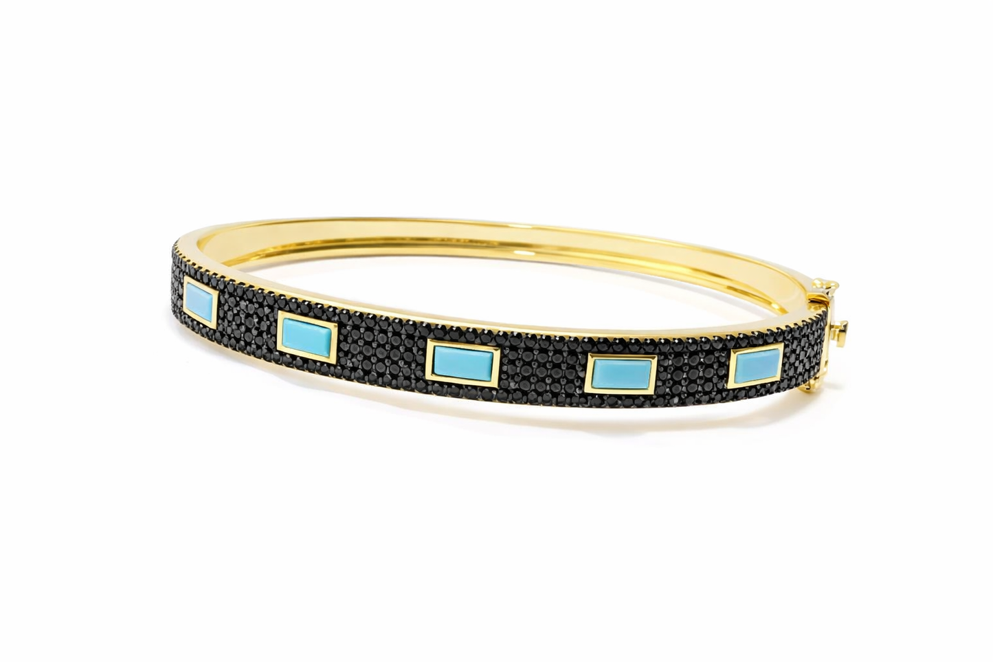 Sterling Silver Baguette Sleeping Beauty Turq & Black Spinel Hinged Bangle Bracelet