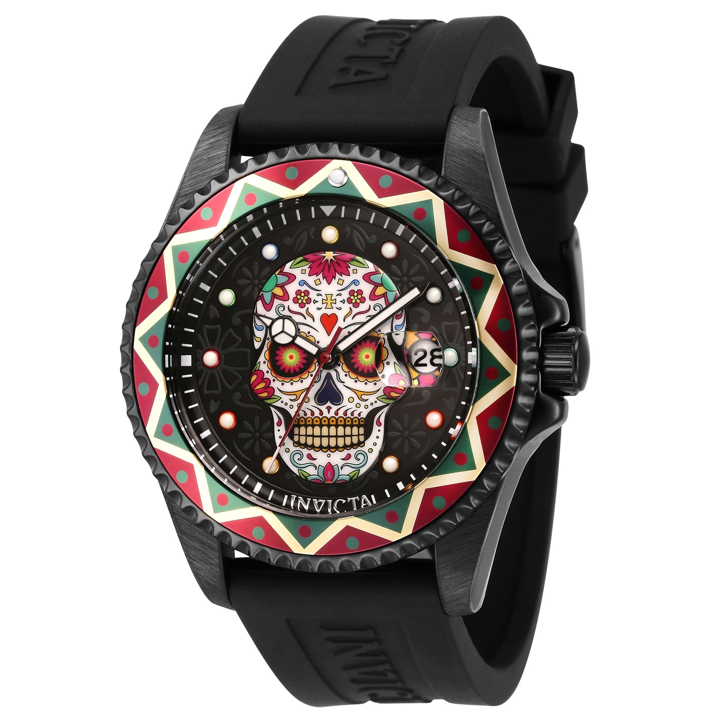 Invicta Men's 43mm Pro Diver Quartz Chrono Dia de los Muertos Skull Silicone Strap Watch