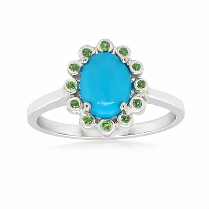 Sterling Silver 8x6mm Sleeping Beauty Turq Bezel-Set Gemstone Halo Ring