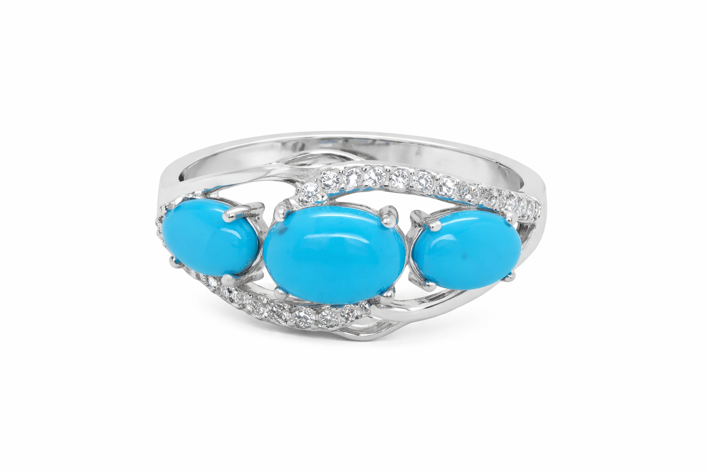 Sterling Silver Sleeping Beauty Turq & White Zircon 3-Stone East-West Ring