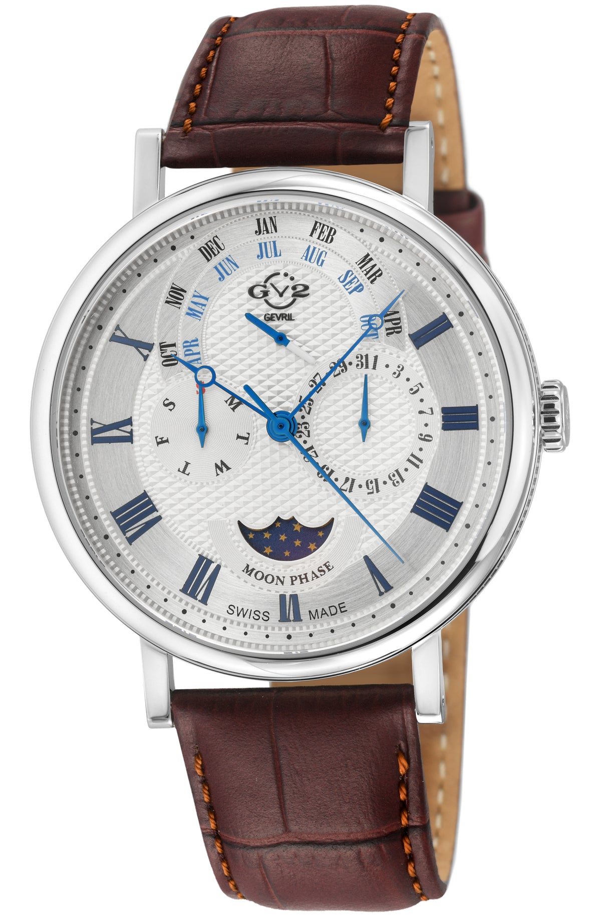 GV2 by Gevril Men's 42mm Maestro Swiss Quartz Moonphase Leather Strap Watch