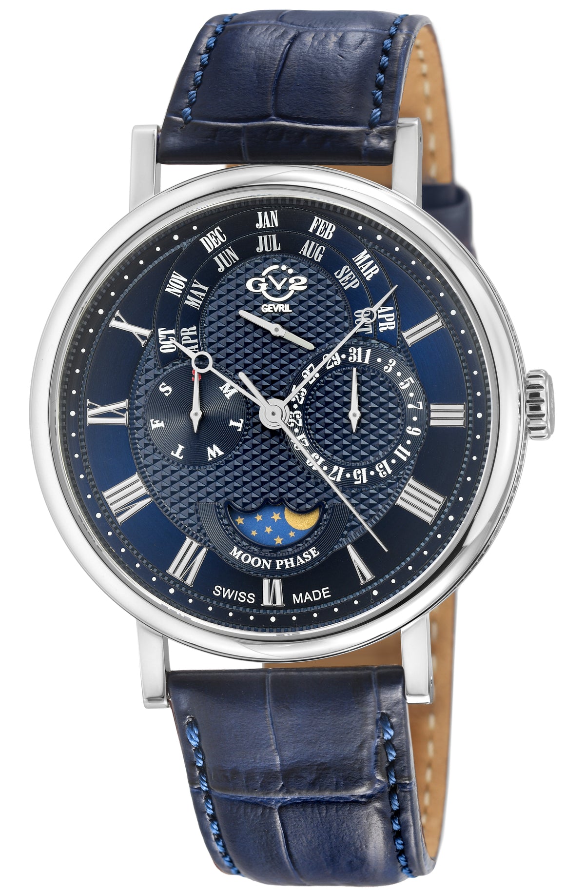 GV2 by Gevril Men's 42mm Maestro Swiss Quartz Moonphase Leather Strap Watch