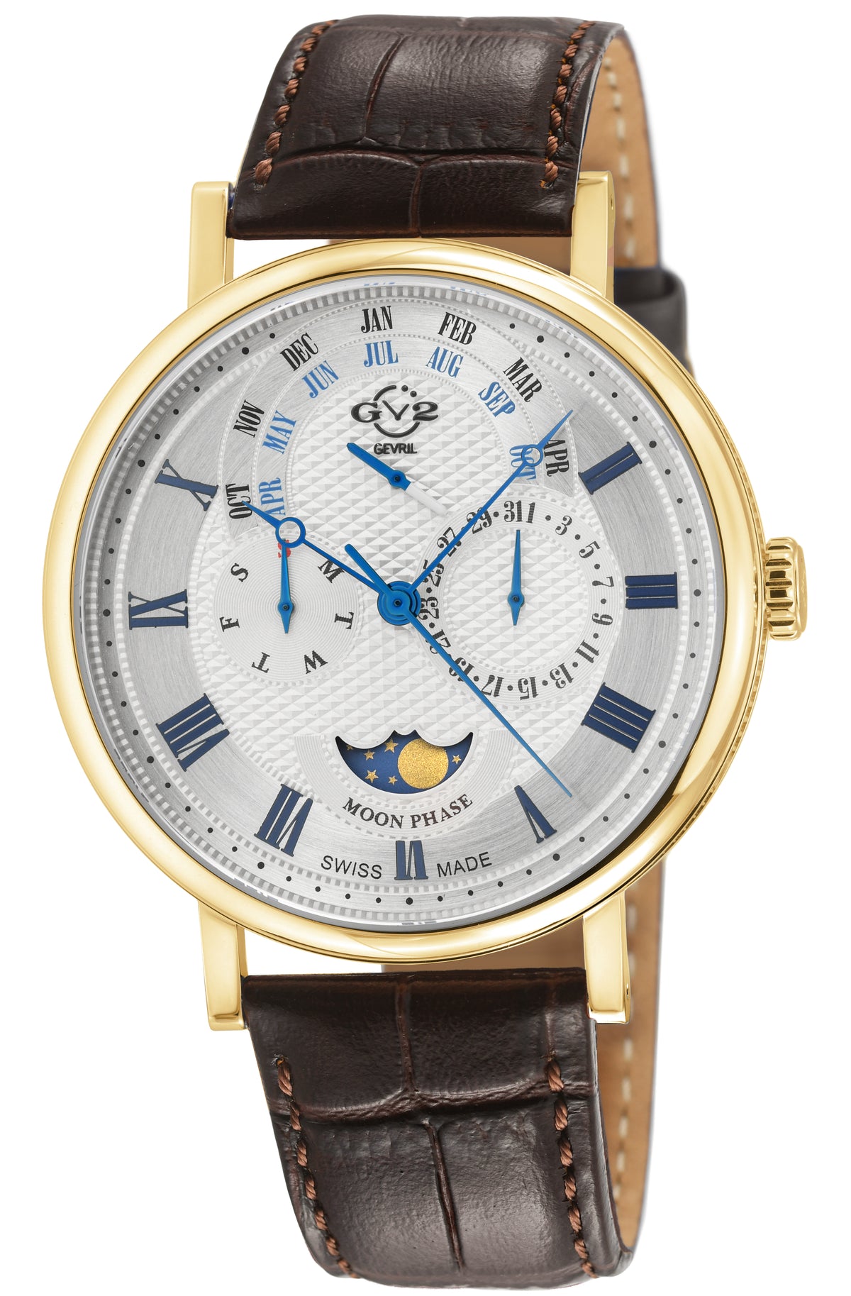 GV2 by Gevril Men's 42mm Maestro Swiss Quartz Moonphase Leather Strap Watch