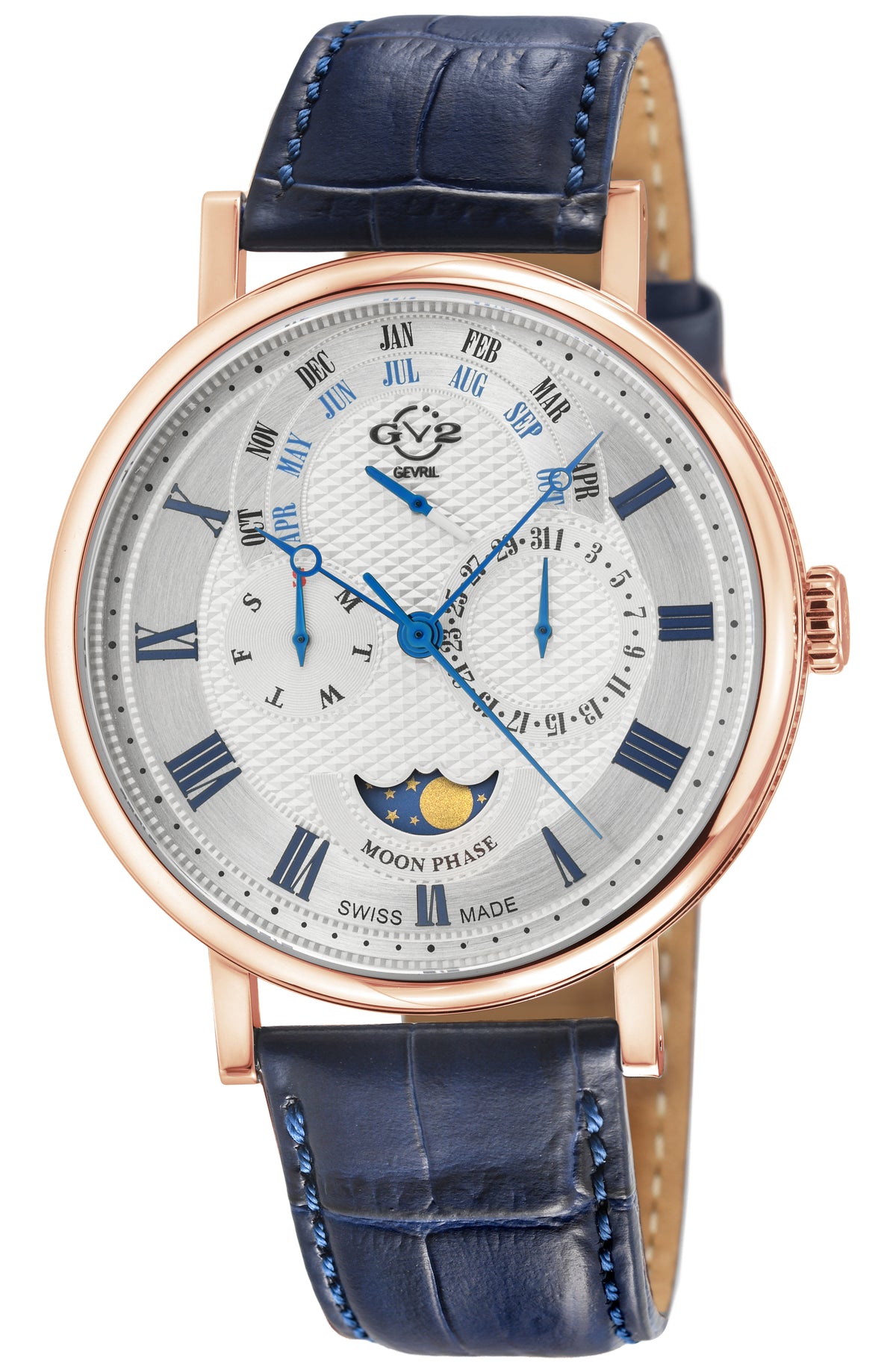 GV2 by Gevril Men's 42mm Maestro Swiss Quartz Moonphase Leather Strap Watch
