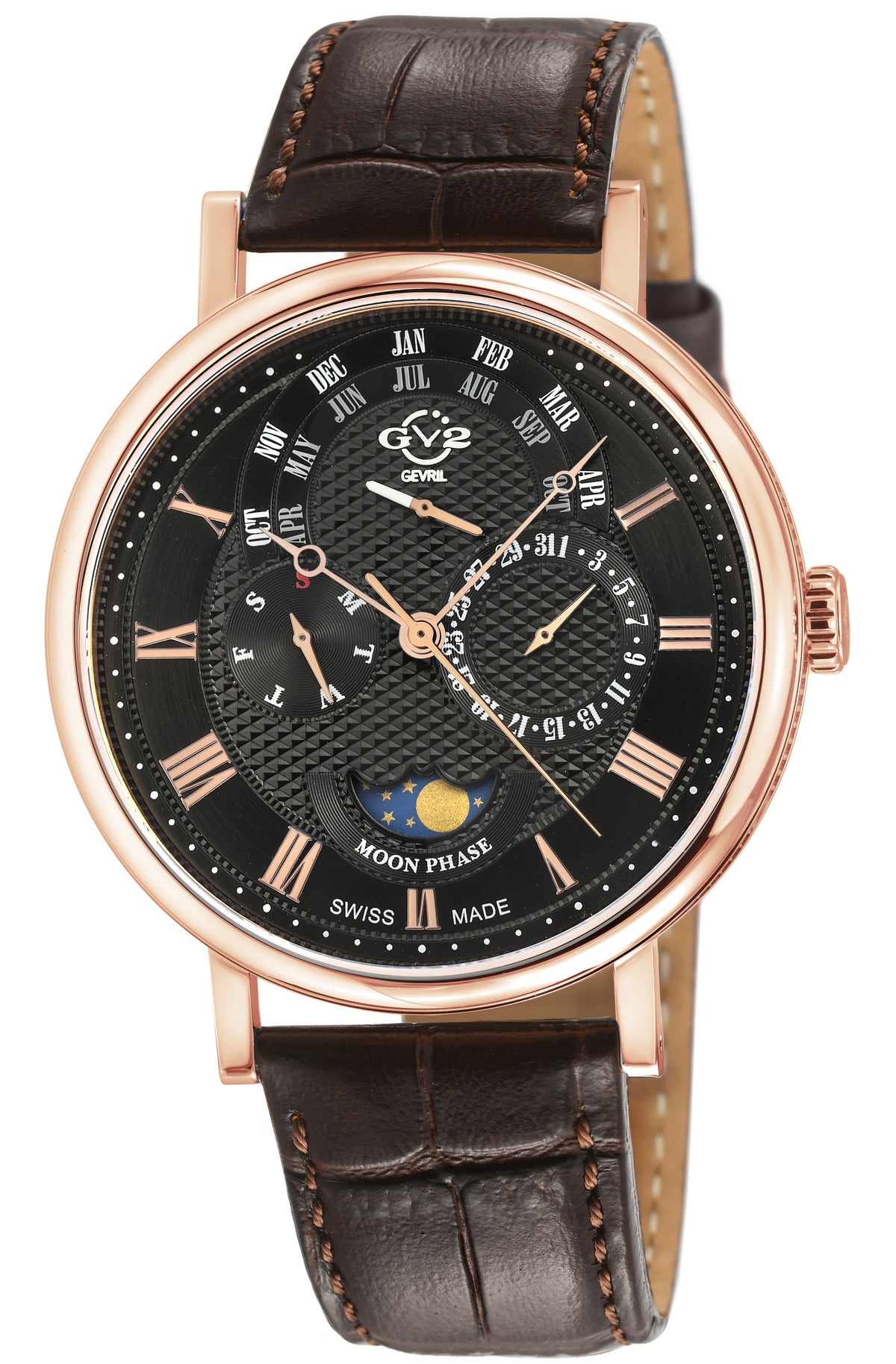 GV2 by Gevril Men's 42mm Maestro Swiss Quartz Moonphase Leather Strap Watch