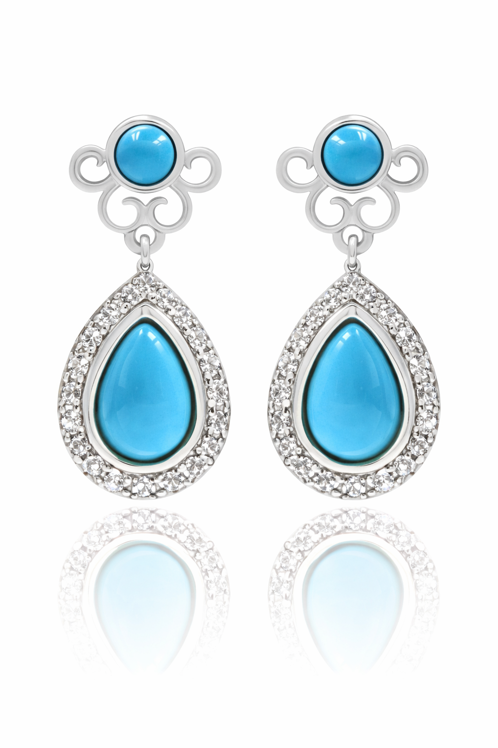 Sterling Silver 9x6mm Sleeping Beauty Turq & White Zircon Halo Drop Earrings