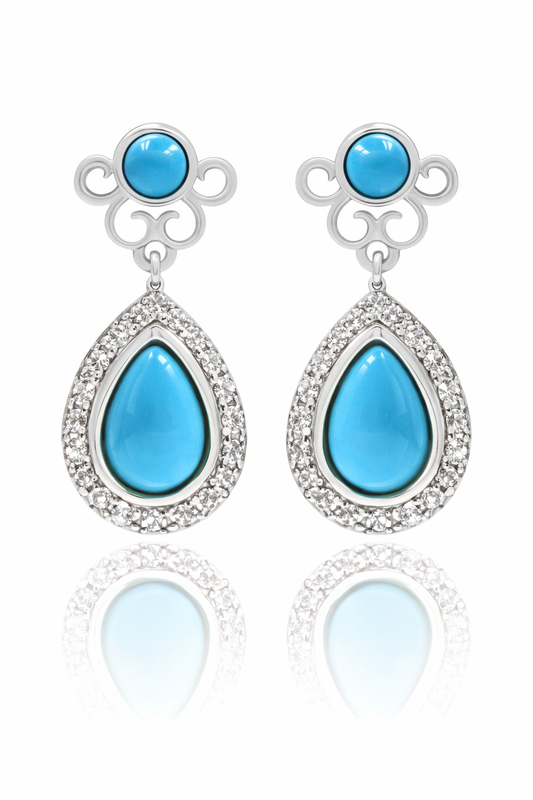 Sterling Silver 9x6mm Sleeping Beauty Turq & White Zircon Halo Drop Earrings