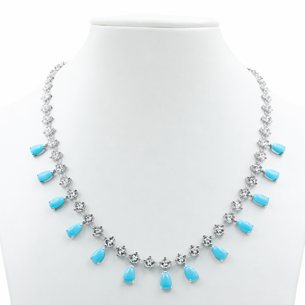 Sterling Silver Sleeping Beauty Turquoise & White Zircon Charm Necklace