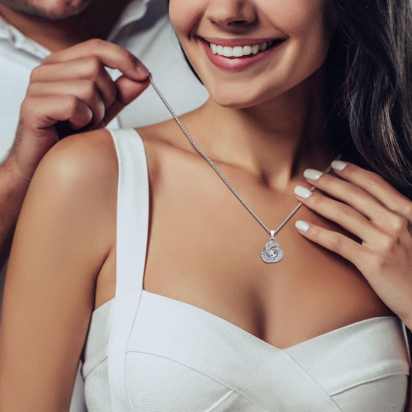 TRYNDI Rhodium Plated "Love Knot" Swarovski Crystal Accented Necklace