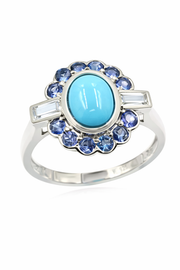 Sterling Silver 9x7mm Sleeping Beauty Turq & Ceylon Sapphire Halo Ring