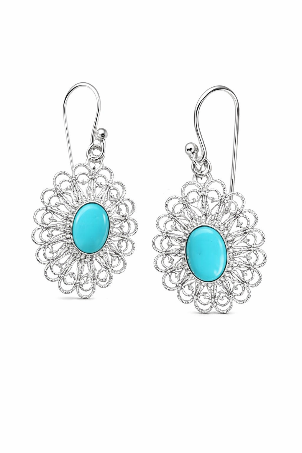 Sterling Silver 8x6mm Sleeping Beauty Turquoise Filigree Oval Drop Earrings