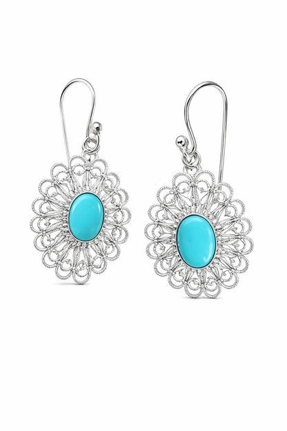 Sterling Silver 8x6mm Sleeping Beauty Turquoise Filigree Oval Drop Earrings