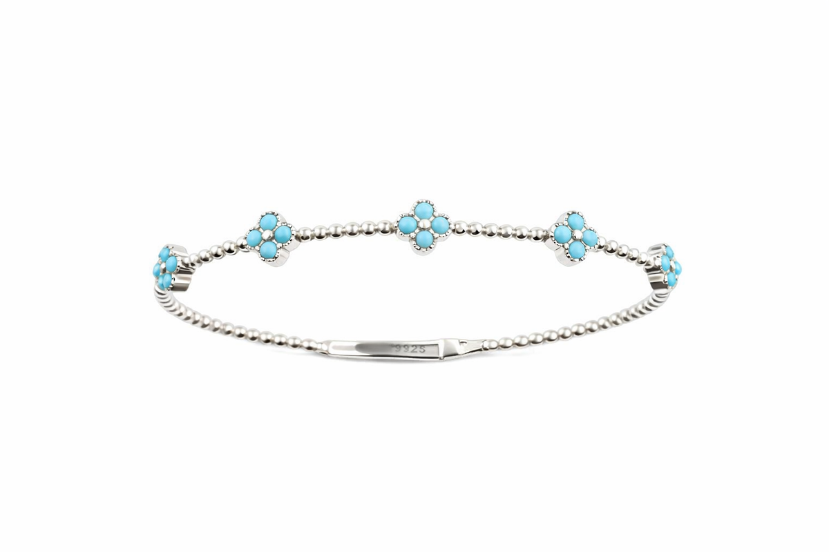 Sterling Silver 2mm Round Sleeping Beauty Turq Cluster Beaded Bangle Bracelet