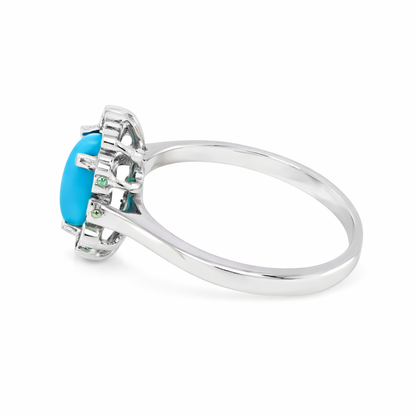 Sterling Silver 8x6mm Sleeping Beauty Turq Bezel-Set Gemstone Halo Ring