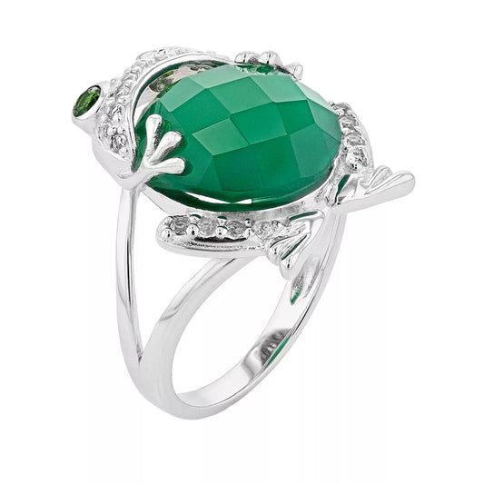 Belle Artique Sterling Silver Green Agate & Multi Gem Frog Ring