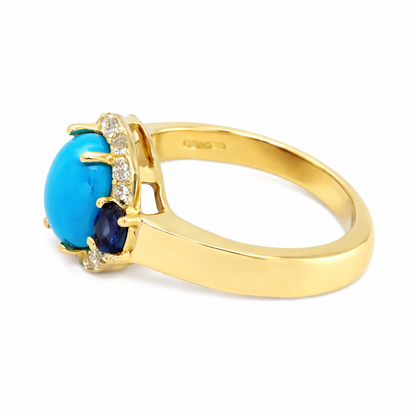 Gold Plated Sleeping Beauty Turq, Ceylon Sapphire & White Zircon Halo Ring