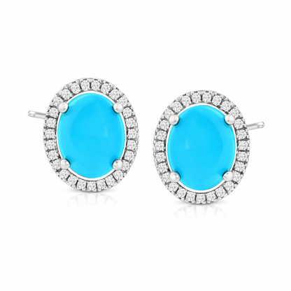 Sterling Silver 9x7mm Sleeping Beauty Turq & Lab-Grown Diamond Halo Stud Earrings