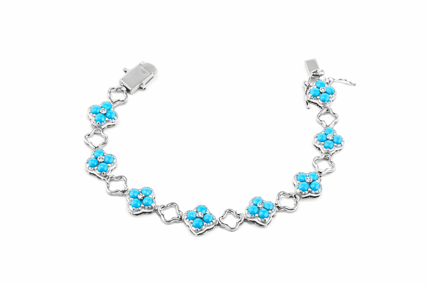 Sterling Silver Sleeping Beauty Turq Cluster Clover 6.5" Station Bracelet