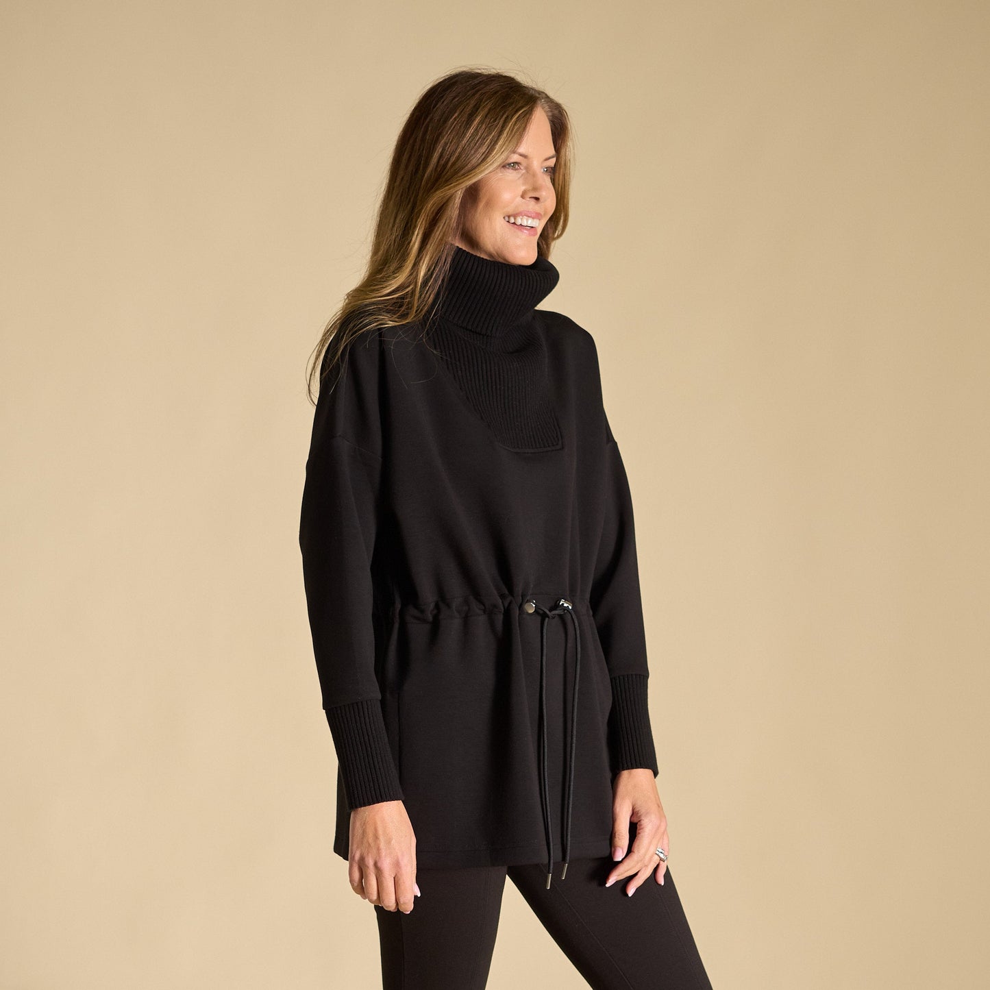 Christopher & Banks Relaxed Restyled Mix Media Tie Waist Cowl Neck Top