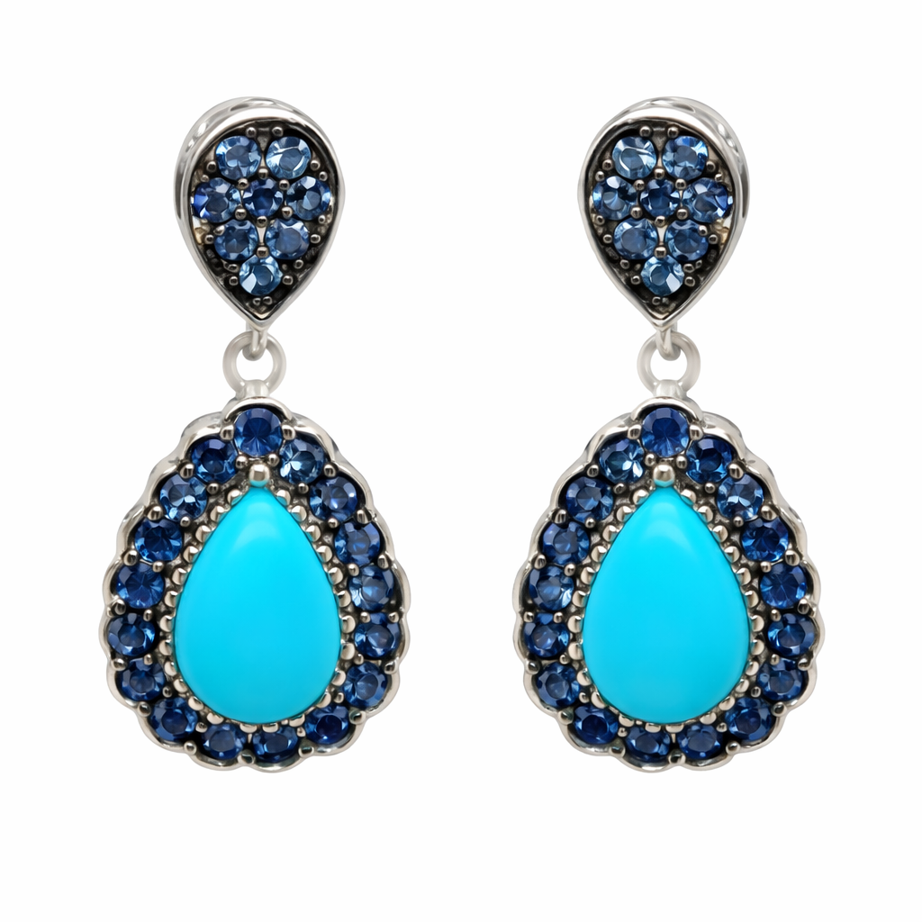 Sterling Silver 9x6mm Sleeping Beauty Turq & Ceylon Sapphire Pave Drop Earrings