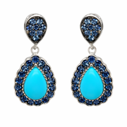 Sterling Silver 9x6mm Sleeping Beauty Turq & Ceylon Sapphire Pave Drop Earrings
