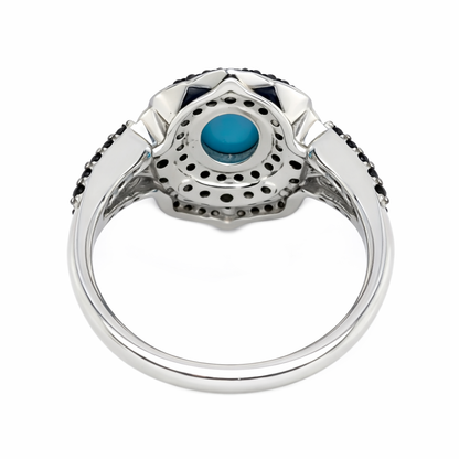 Sterling Silver 8x6mm Sleeping Beauty Turq & Black Spinel Pave Ring