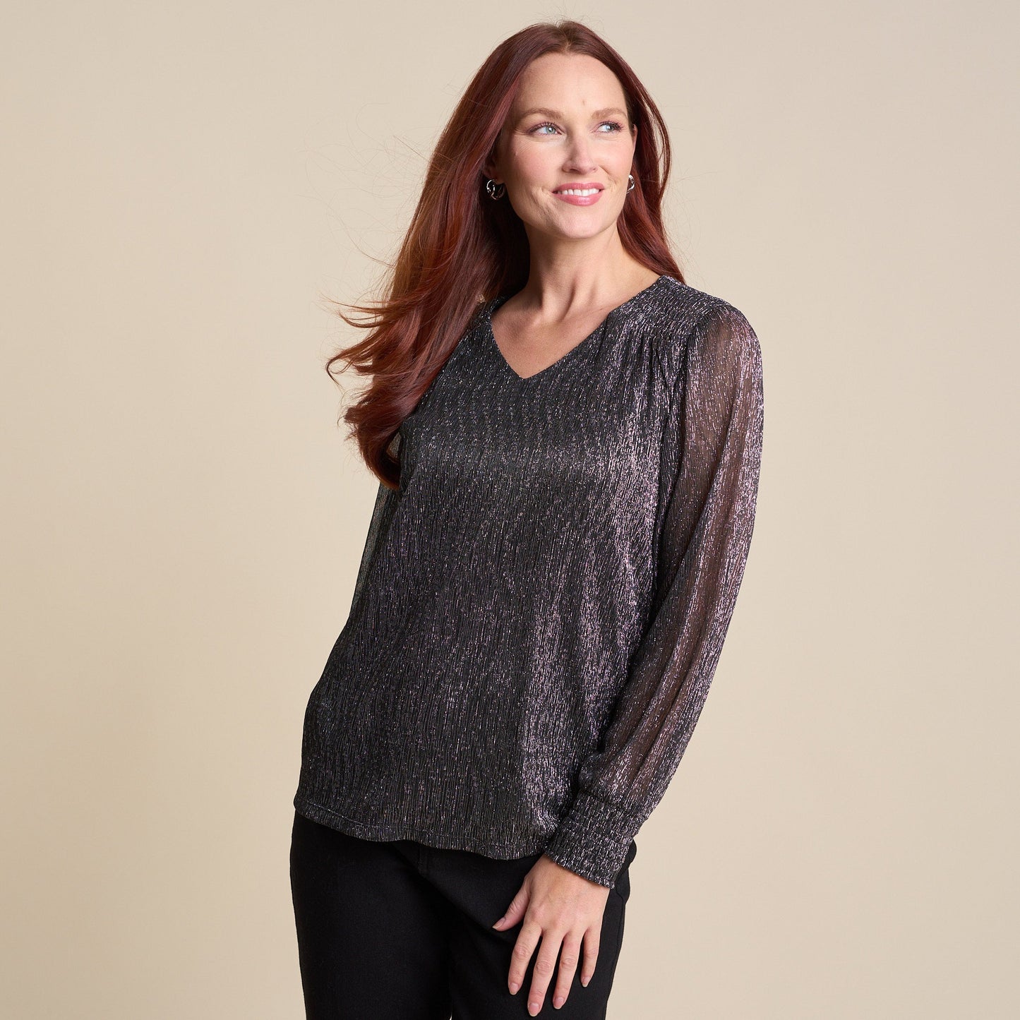 Christopher & Banks Bodre V Neck Shirred Sleeve Blouse