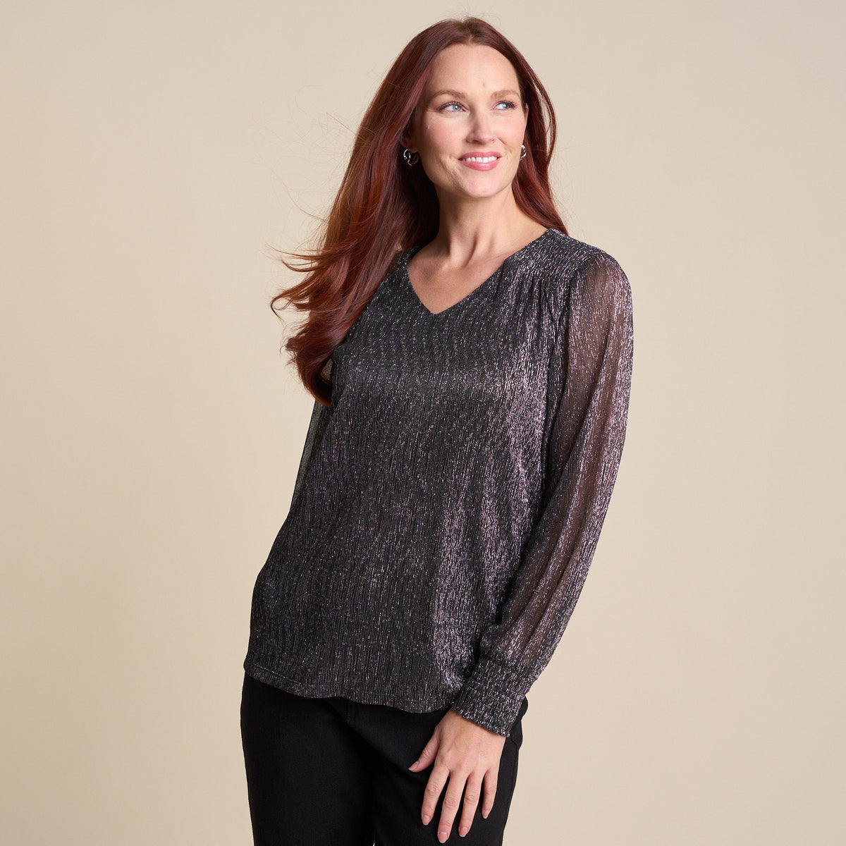 Christopher & Banks Bodre V Neck Shirred Sleeve Blouse