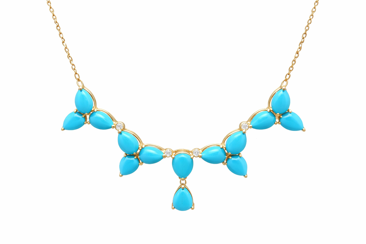 Sterling Silver Sleeping Beauty Turquoise & White Zircon Trillium Flower Necklace
