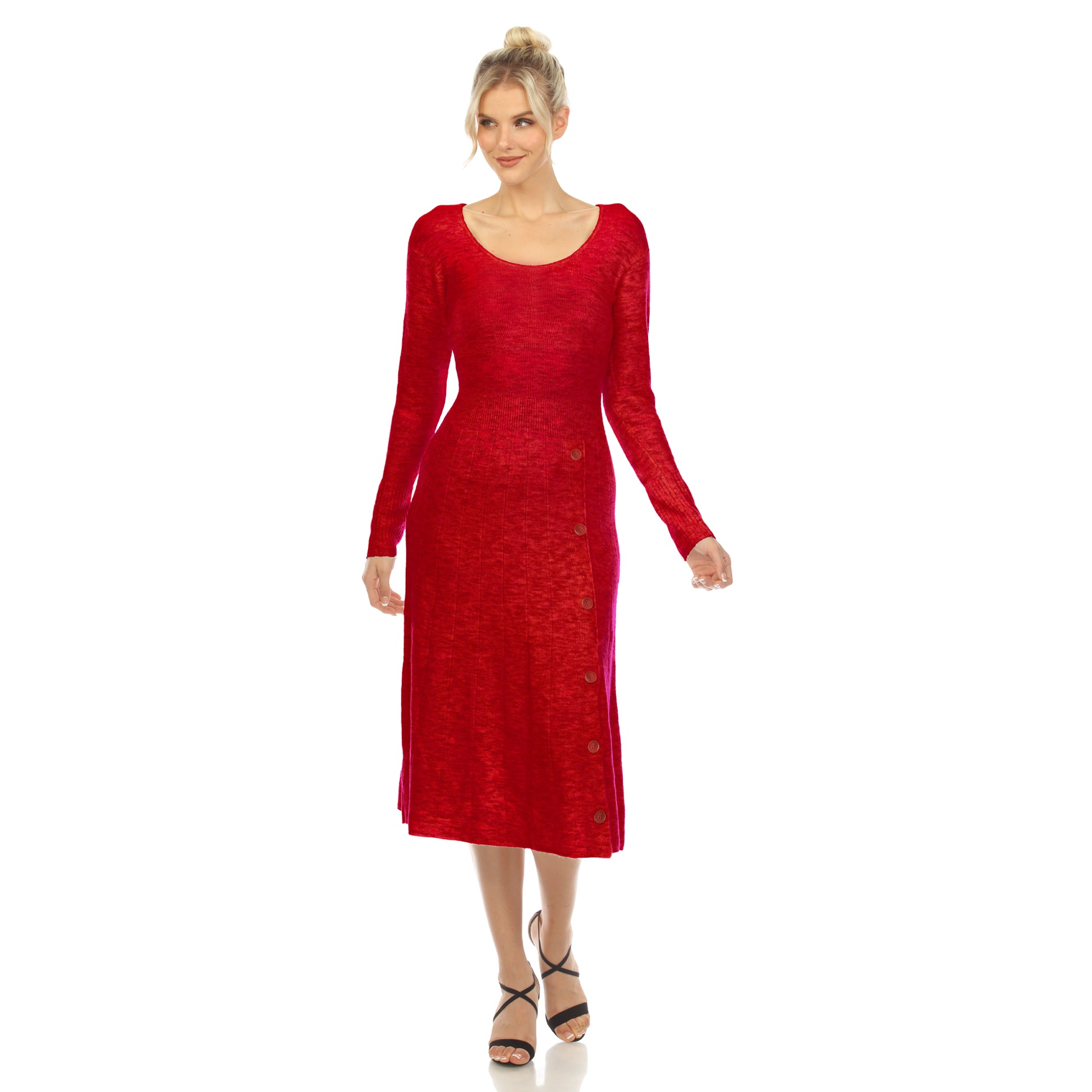 White Mark Women's Crew Neck Fit and Flare Sweater Midi Dress - Red White Mark Women's Crew Neck Fit and Flare Sweater Midi Dress - Red