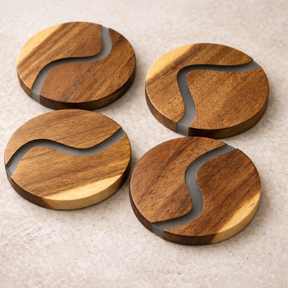 Busa Designs Ibiza Teak Wood & Resin 4-Piece Coaster Set