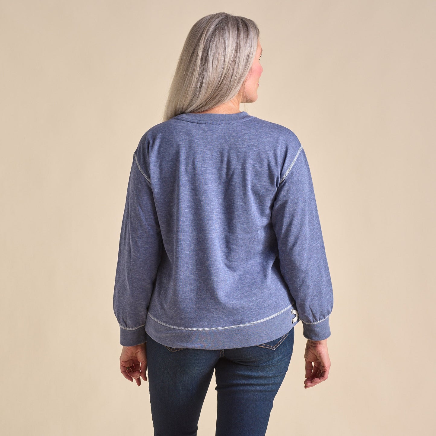 Christopher & Banks Women's Knit Denim Side Lace Long Sleeve Sweatshirt