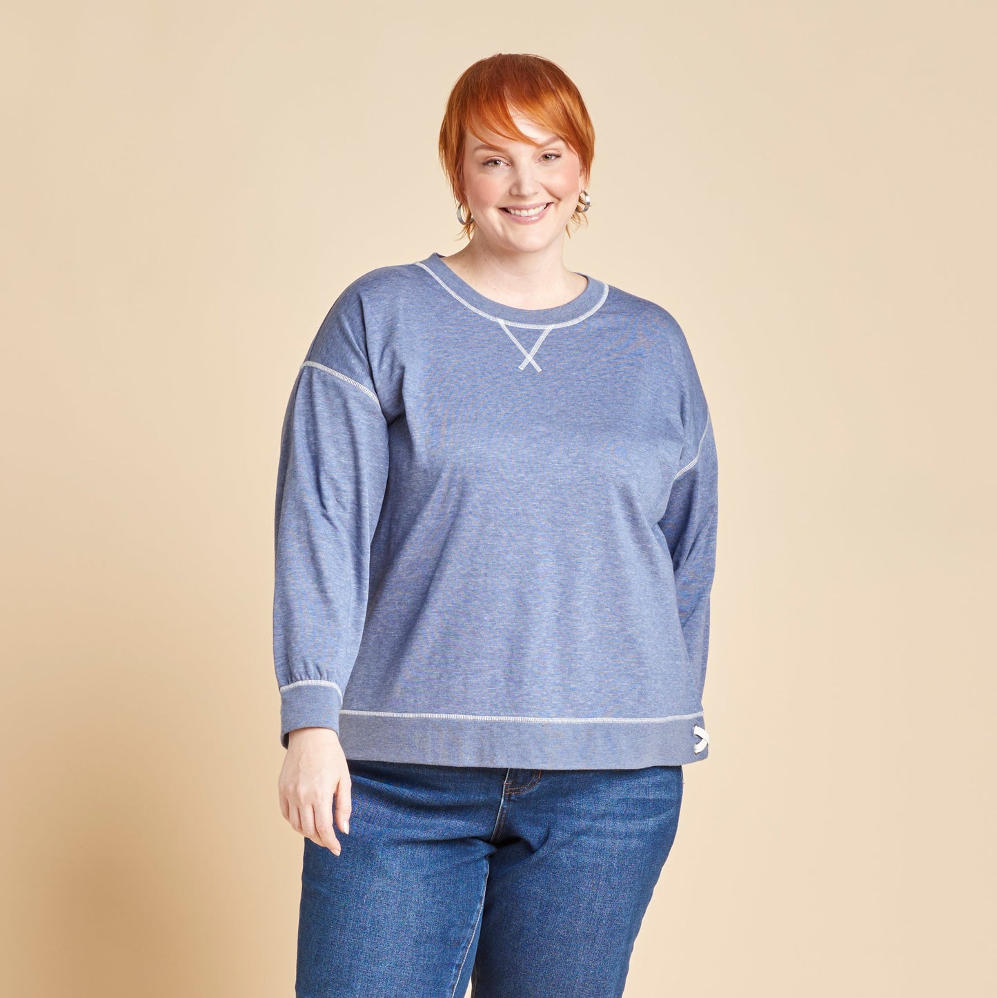 Christopher & Banks Women's Knit Denim Side Lace Long Sleeve Sweatshirt