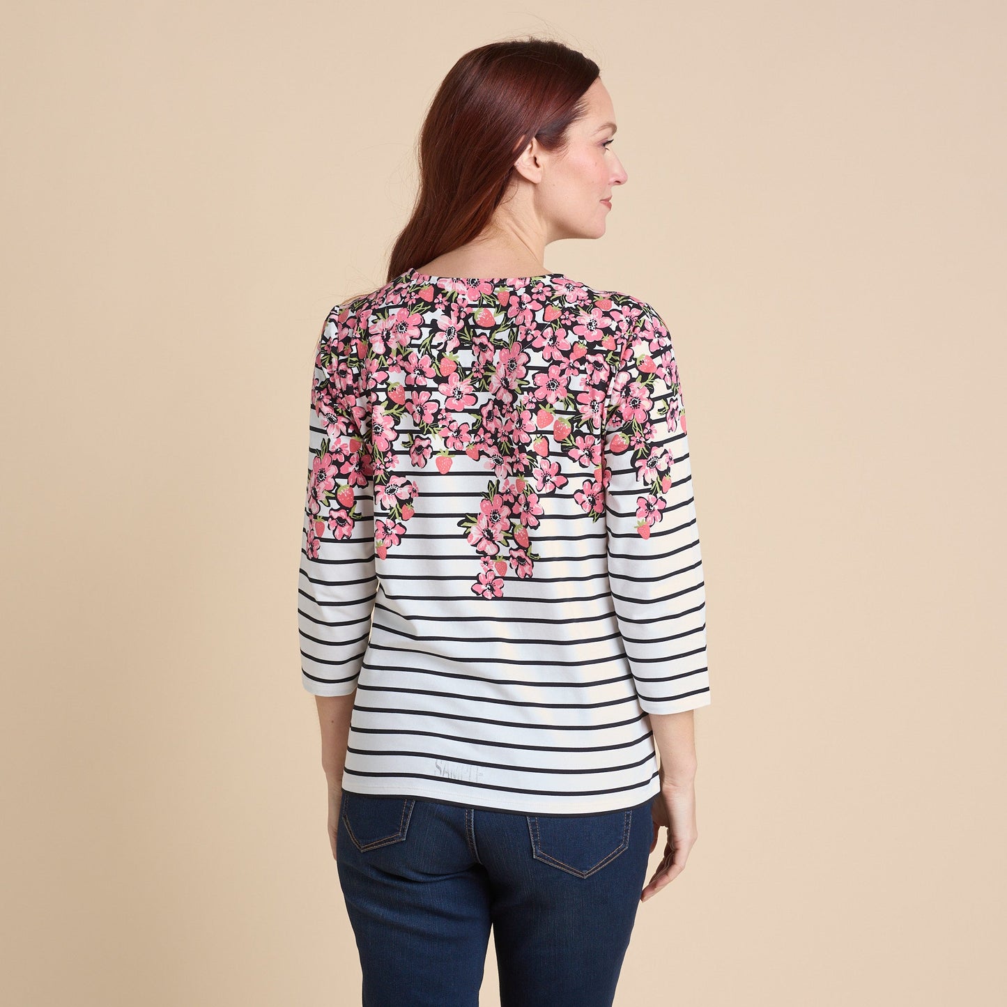 Christopher & Banks Women's Floral Border Stripe Print 3/4 Sleeve Tee
