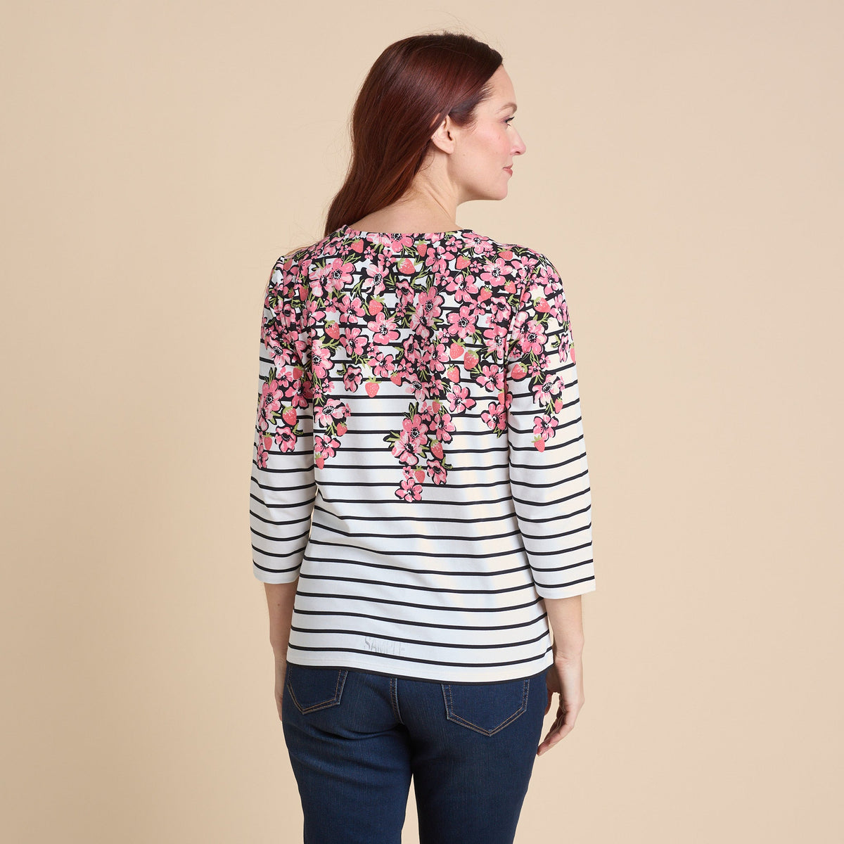 Christopher & Banks Women's Floral Border Stripe Print 3/4 Sleeve Tee