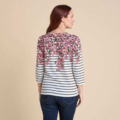 Christopher & Banks Women's Floral Border Stripe Print 3/4 Sleeve Tee
