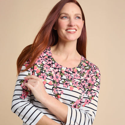 Christopher & Banks Women's Floral Border Stripe Print 3/4 Sleeve Tee