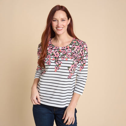 Christopher & Banks Women's Floral Border Stripe Print 3/4 Sleeve Tee