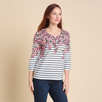 Christopher & Banks Women's Floral Border Stripe Print 3/4 Sleeve Tee