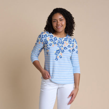 Christopher & Banks Women's Floral Border Stripe Print 3/4 Sleeve Tee