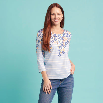 Christopher & Banks Women's Floral Border Stripe Print 3/4 Sleeve Tee