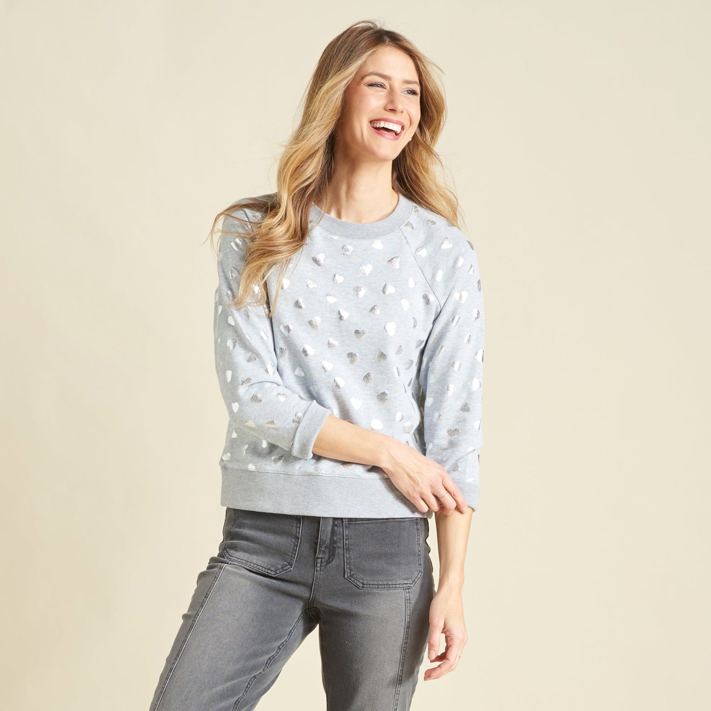 Christopher & Banks Foil Hearts Print Crew Neck Long Sleeve Sweatshirt