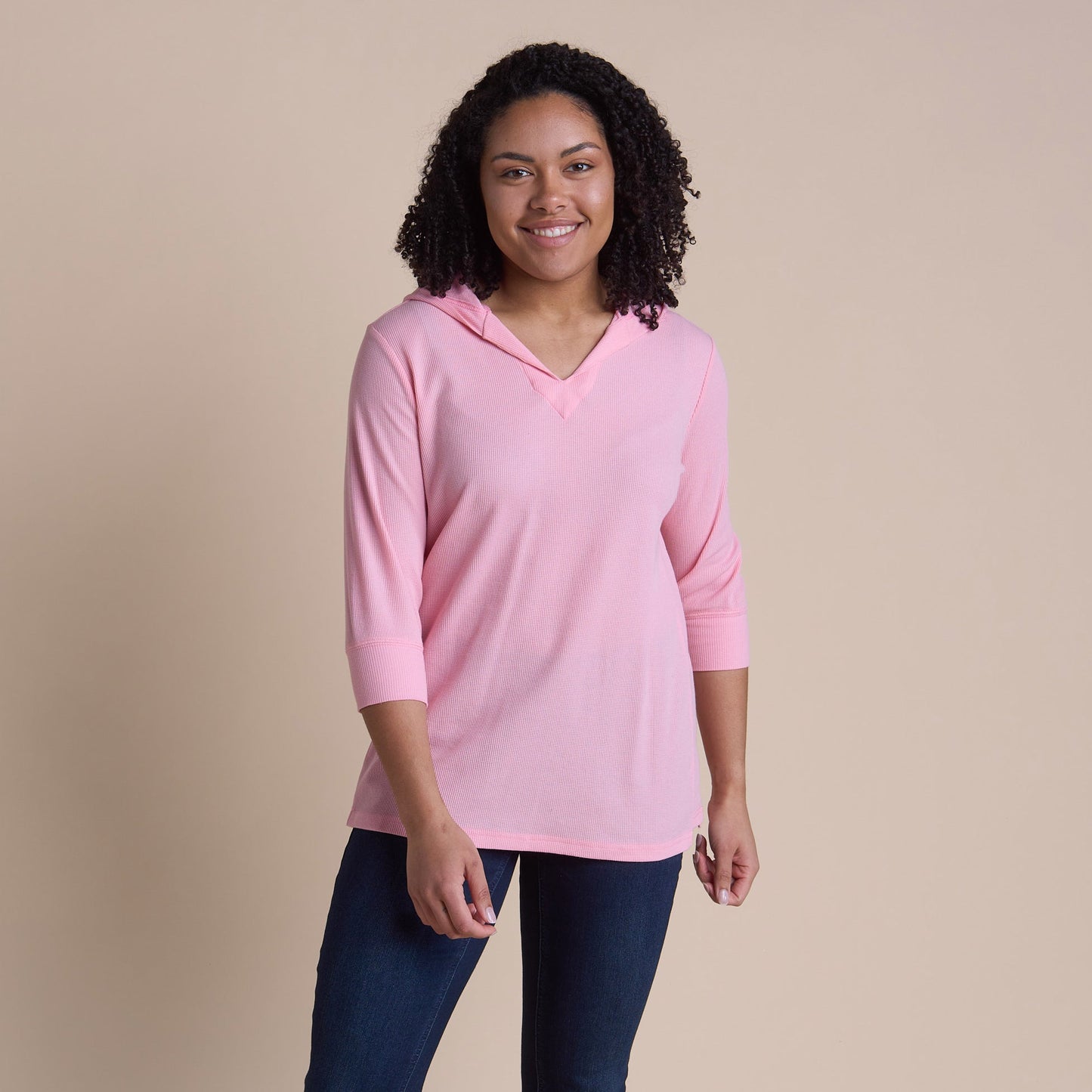 Christopher & Banks Women's Relaxed Restyled Hooded V-Neck 3/4 Sleeve Top