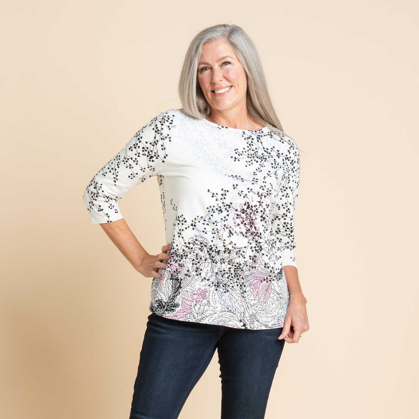 Christopher & Banks Women's Embellished Swirl Print Boat Neck ¾ Sleeve Tee
