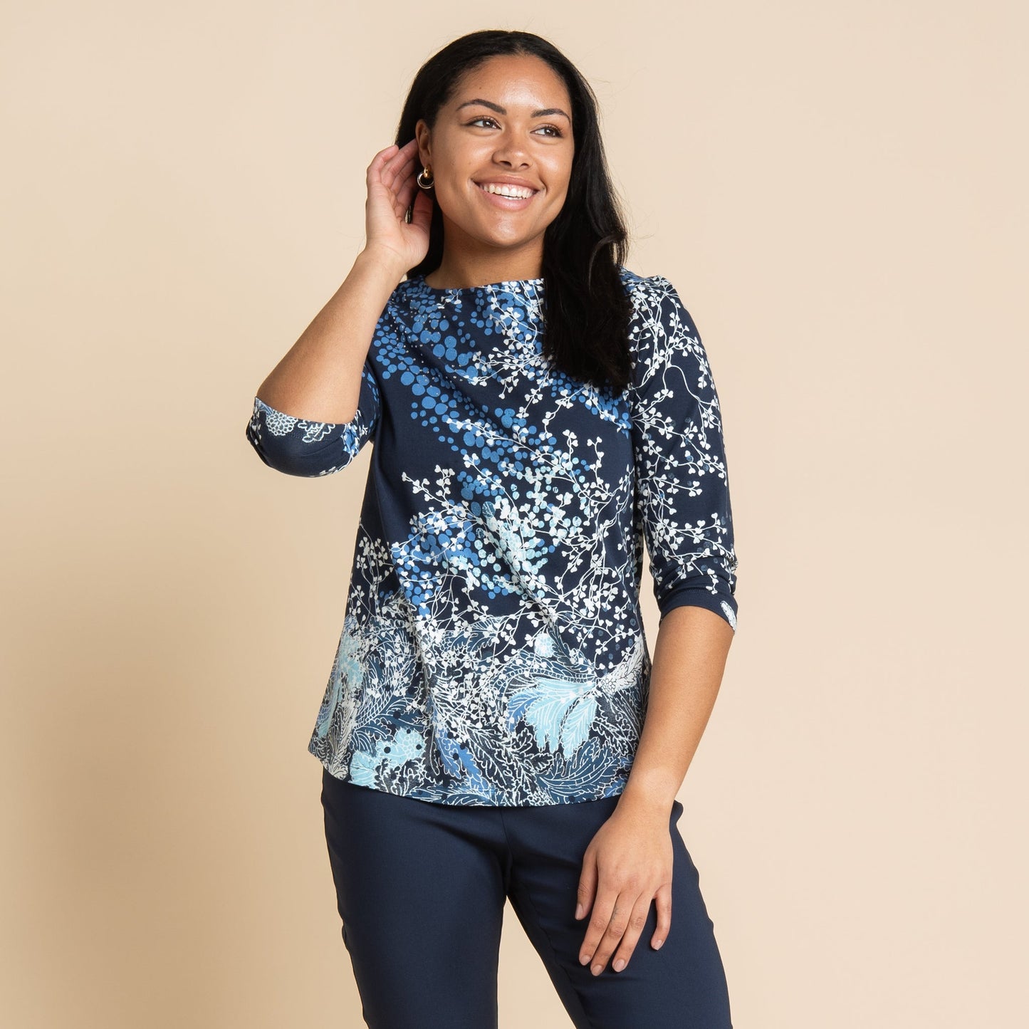 Christopher & Banks Women's Embellished Swirl Print Boat Neck ¾ Sleeve Tee